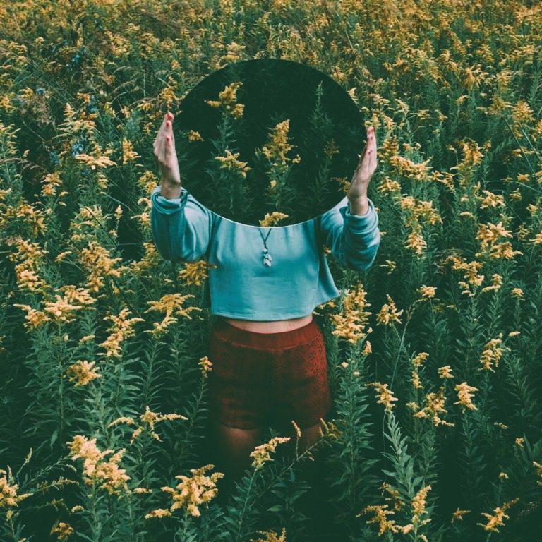 Person holding a circular mirror in a field of bright yellow flowers. Jungian Psychotherapy North Wales